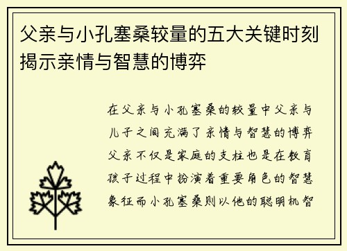 父亲与小孔塞桑较量的五大关键时刻揭示亲情与智慧的博弈