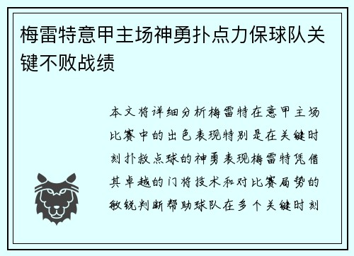 梅雷特意甲主场神勇扑点力保球队关键不败战绩